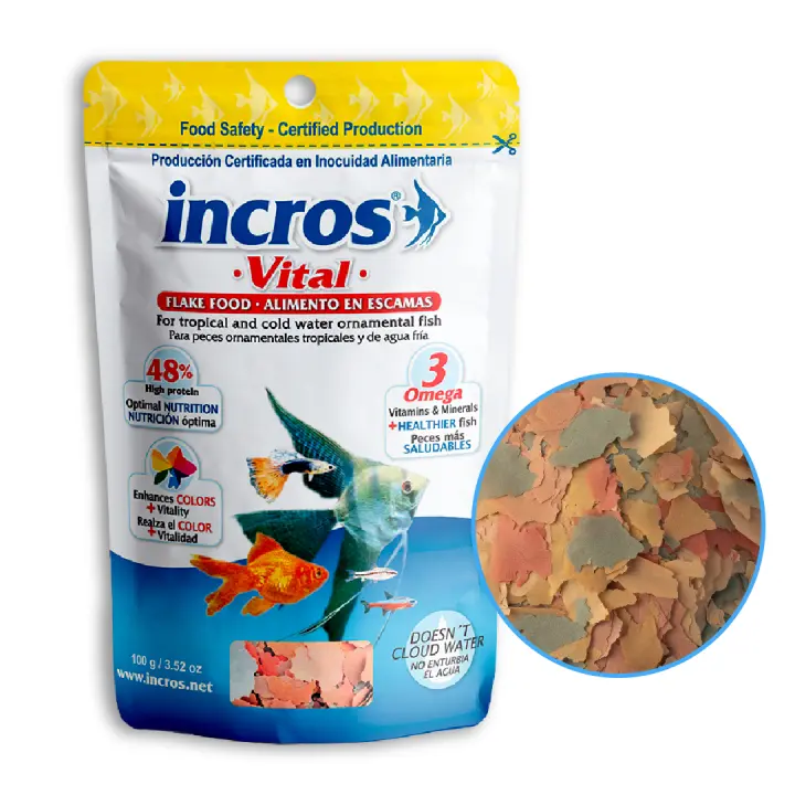 Comida para Peces Tropicales, No Ensucia el Agua - Alimento Premium en Escamas Colores mas vivos Fórmula Natural Fácil Digestión Mejora Salud y Menos Residuos  - Incros Vital 100 gr - 500 ml - 1