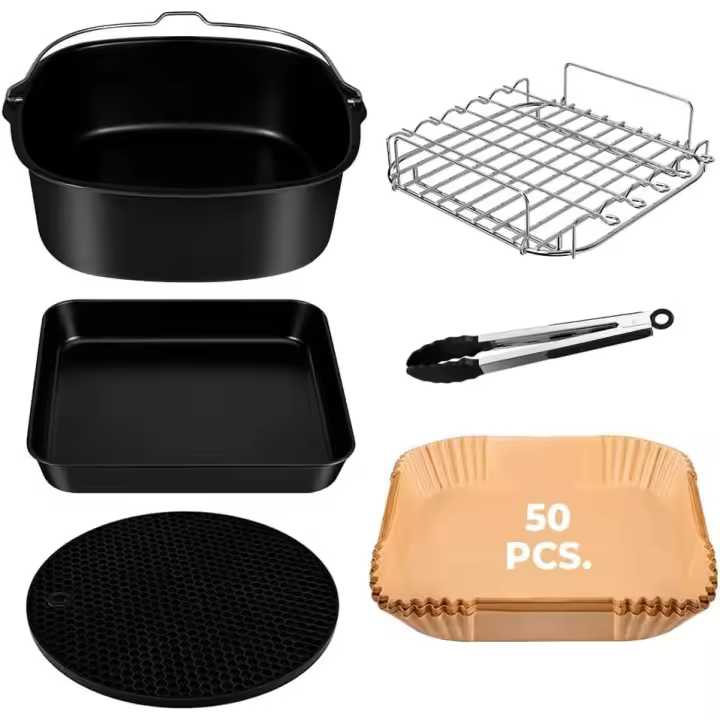 COSORI de 5,5 L - 50 piezas de Papel para freidora de Aire-Incluye todos los utensilios necesarios como pinzas, Moldes de silicona para freidora y bandejas Planas y profundas - 1