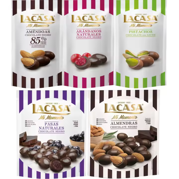 Lacasa Mi Momento pack de 5:Arándano  Negro 60 G,Pistacho  Leche 50 G,Almendra 85% 65 G,Pasas  Negro 150 G,Almendra  Negro 125 G - 1