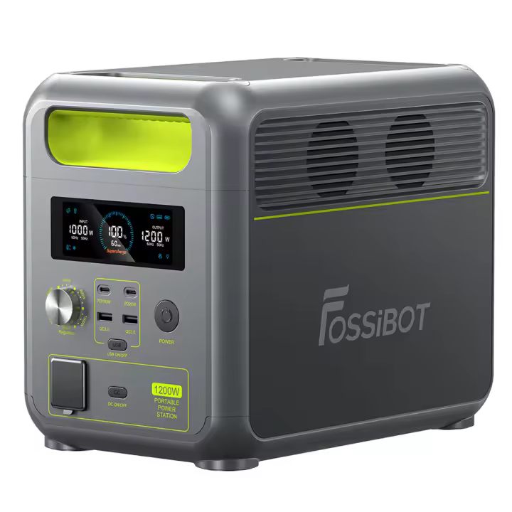 FOSSiBOT F1200 Estación de energía portátil, capacidad 1024Wh, potencia nominal 1200W, 3 modos luz LED, 7 puertos salida, protección BMS, cambio menos de 10ms, regulador entrada 5 velocidades, batería LiFePO4 de grado EV, más 4000 ciclos - Enchufe la UE. - 1