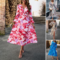 Vestido Bohemio Casual De Maxi Para Mujer Con Estampado V-Neck Manga Larga Cintura Alta 4 Colores Poliéster Para Playa Y Vacaciones - details 17