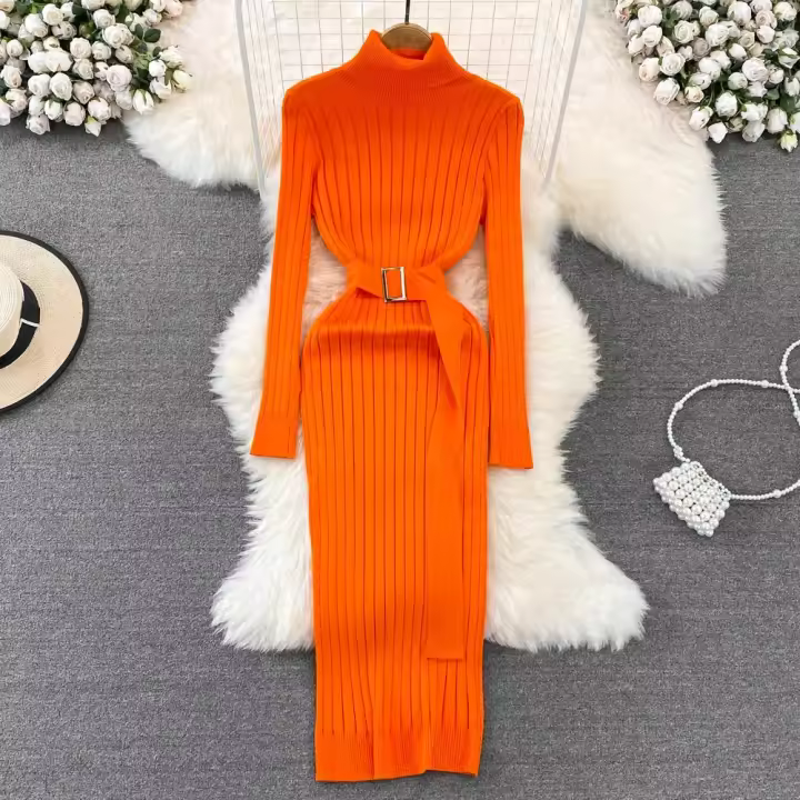 Vestido Maxi De Cuello Alto Para Mujer YuooMuoo 2024 Otoño Invierno Elegante Ajustado Con Cinturón Estilo Bodycon Tejido Ribbed Suave Y Elástico - 1