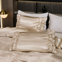 Set De Edredón Satinado 3PCS Colores Blanco Khaki Y Rosa Seda Suave Con Volantes Estilo Moderno Para Cama Conjunto De Ropa De Cama - details 26