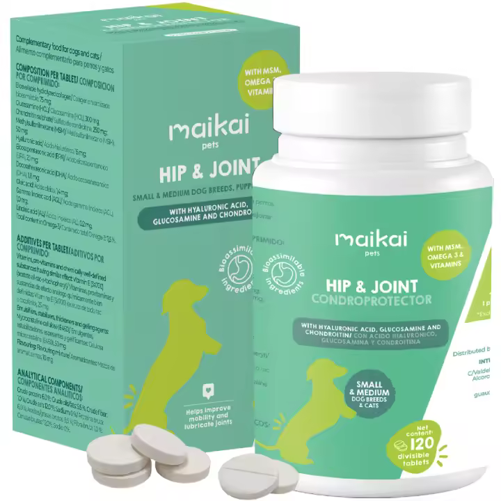 MAIKAI Condroprotector para Perros y Gatos - 120 Comprimidos para Razas Pequeñas y Medianas | Alta Concentración de Glucosamina, Condroitina, MSM y Ácido Hialurónico | Apoyo para Articulaciones, Antiinflamatorio Natural y Mejora de Movilidad en Mascotas - 1