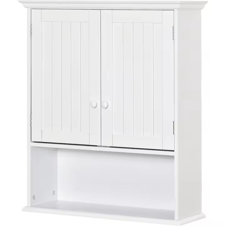 Armario Baño de Pared con 2 Puertas Estante Interior Ajustable y Compartimento Abierto Mueble Auxiliar Suspendido Multiusos para Cocina 60x20x70,5 cm Blanco - 1