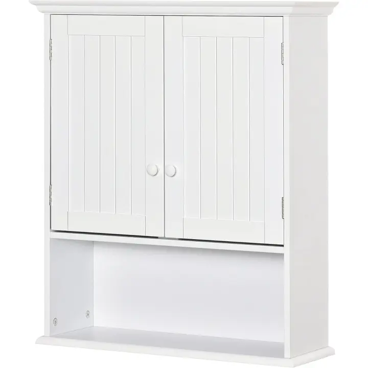 Armario Baño de Pared con 2 Puertas Estante Interior Ajustable y Compartimento Abierto Mueble Auxiliar Suspendido Multiusos para Cocina 60x20x70,5 cm Blanco - 1