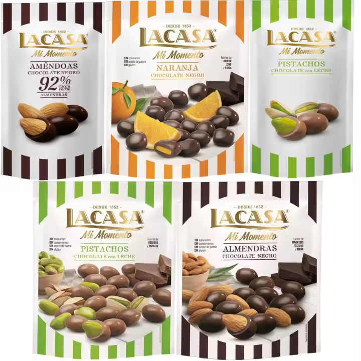 Lacasa Mi Momento pack de 5:Pistacho Chocolate Leche ,Almendra 92% ,Almendra Chocolate Negro ,Naranja Chocolate Negro ,Pistacho Chocolate Leche - 1
