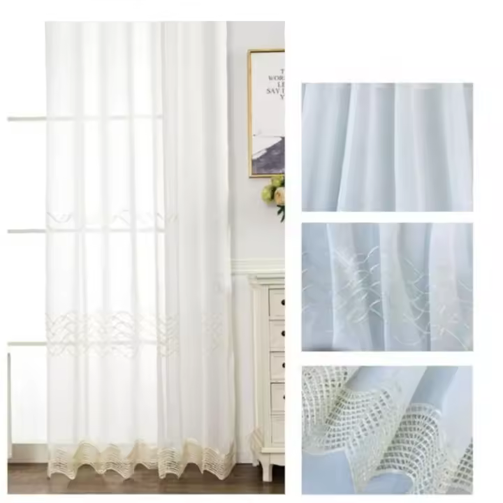 Cortina de tela semitranslúcido lino y poliéster decorado con formas de hondas en la parte inferior.150x260cm.Decoracion para hogar ,oficina.1 panel. - 1