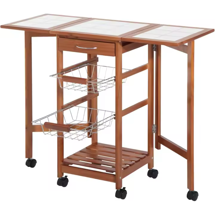 Mesa Auxiliar Cocina 91x37x75 cm Plegable 6 Ruedas 1 Cajón 2 Cestas Carrito Servicio Pino Metal Cromado - 1
