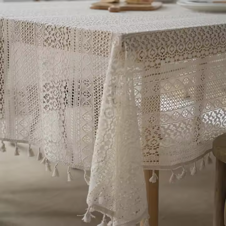 Mantel De Lino Tejido a Mano Bohemio Elegante Con Agujeros Estilo Retro De Granja Para Uso Doméstico Y Social - 1