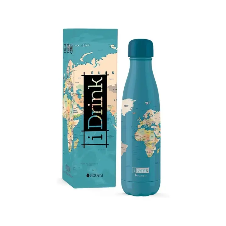 BOTELLA TERMICA I-DRINK MAPA AZUL 500 ML ACERO INOXIDABLE - SIN BPA I-TOTAL - 1