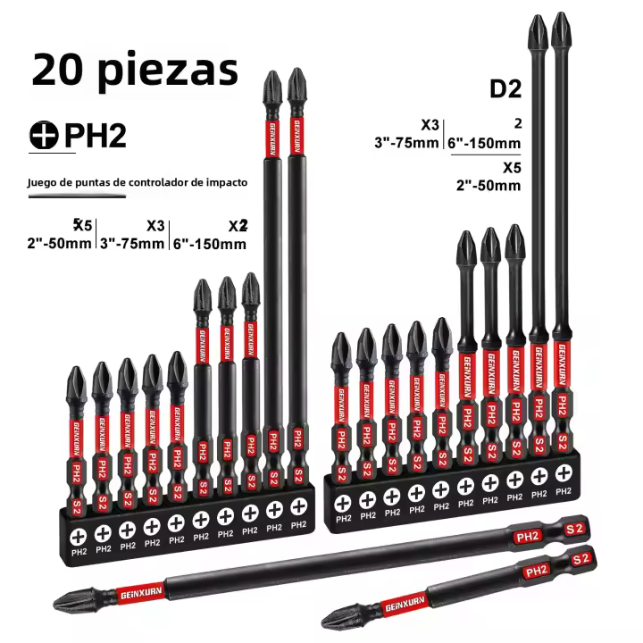 Set De Puntas De Destornillador Magnéticas Geinxurn Impacto #2 Phillips En Acero De Aleación D2 Con Organizador De Almacenamiento - 1