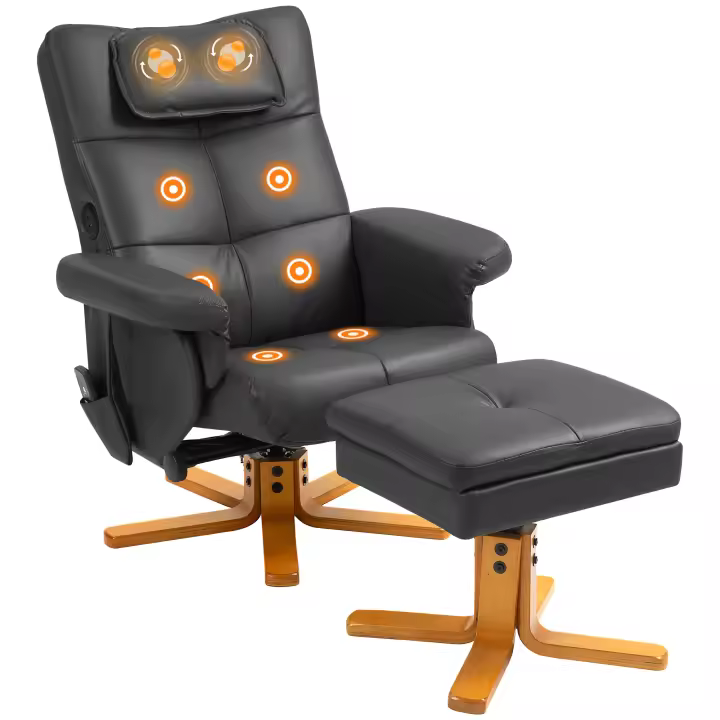 HOMCOM Sillón de masaje HOMCOM con reposapiés, sillón relax, respaldo reclinable hasta 135°, compartimento de almacenaje, reposacabezas y mando a distancia, tapizado sintético negro - 1