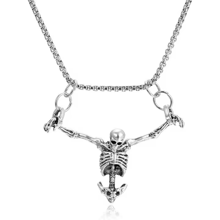 Collar de calavera gótica para hombre, estilo pirata punk, con esqueleto de calavera, de aleación de plata, ideal para Halloween, con temática de cautiverio, estilo motero y rock. - 1