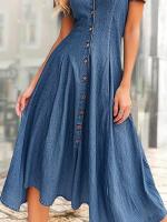 Vestido Largo De Denim Casual Para Mujer Con Abertura Lateral Y Mangas Cortas Color Sólido Vestido Con Hombros Y Botones - details 2