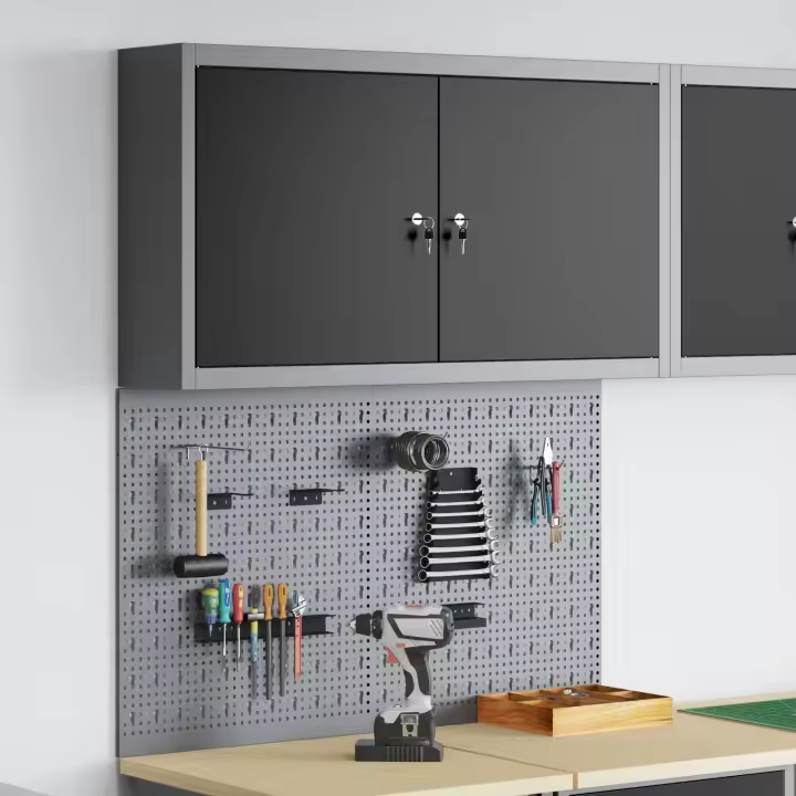 Conjunto de gabinete de herramientas y panel perforado de 3 piezas montado en la pared de metal negro - 1