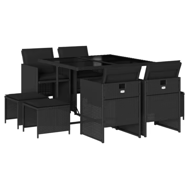 vidaXL Set de comedor de jardín 9 pzas y cojines ratán sintético negro - 1