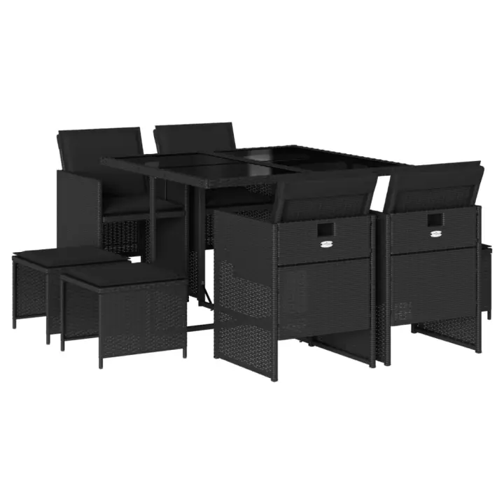 vidaXL Set de comedor de jardín 9 pzas y cojines ratán sintético negro - 1