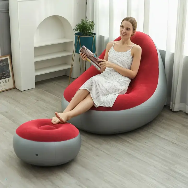 Sofá inflable con reposapiés, sofá plegable con reposapiés, sofá perezoso inflable, asiento hinchable, sillón hinchable con reposapiés, sofa de aire con reposapies, ideal para siesta, descansar en casa, oficina, camping, pation, terraza, jardín. - 1