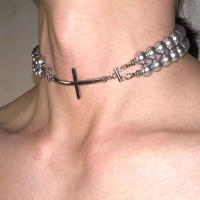 Collar De Moda Coreana Doble Perla Cruzado Punk Aesthetic Geométrico Para Mujer Joyería Y2K Accesorios De Perlas Gris - details 0