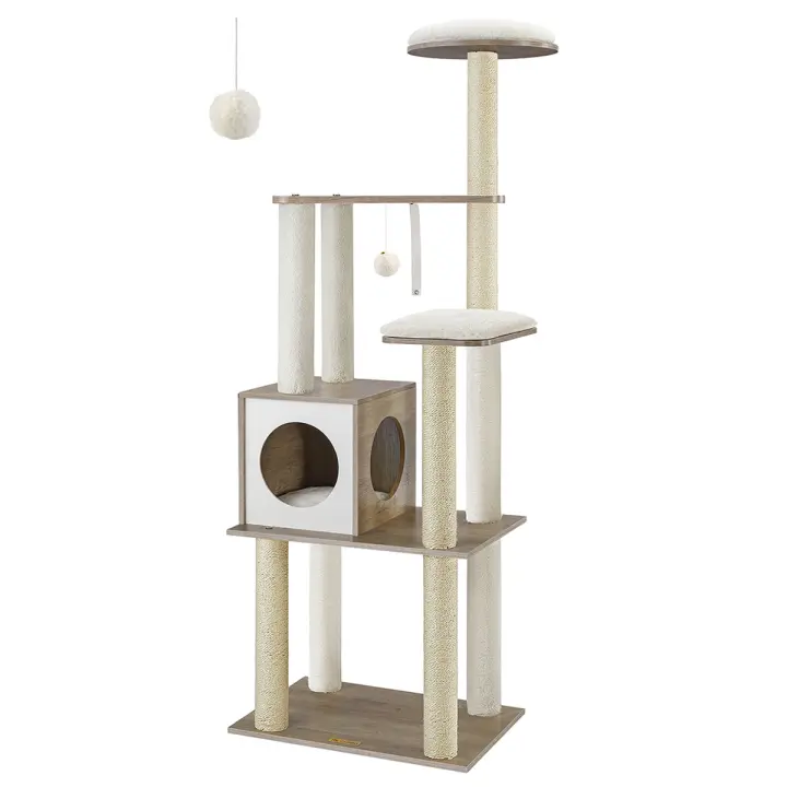 FEANDREA Árbol para Gatos, Torre Moderna de Gatos 165 cm, 5 Postes para Arañar, Cojines Lavables y Desmontables, Plataforma, Cueva, Muebles de Interior para Gatos, Greige/Marrón Rústico - 1