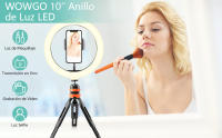 Anillo de Luz LED, 25cm diametro, WOWGO 10'' Aro con Trípode, 3 Colores 11 Brillos Bluetooth Control Remoto, Soporte Giratorio  eléfono Selfie, Maquillaje, Youtube, TIK Tok Live - details 0