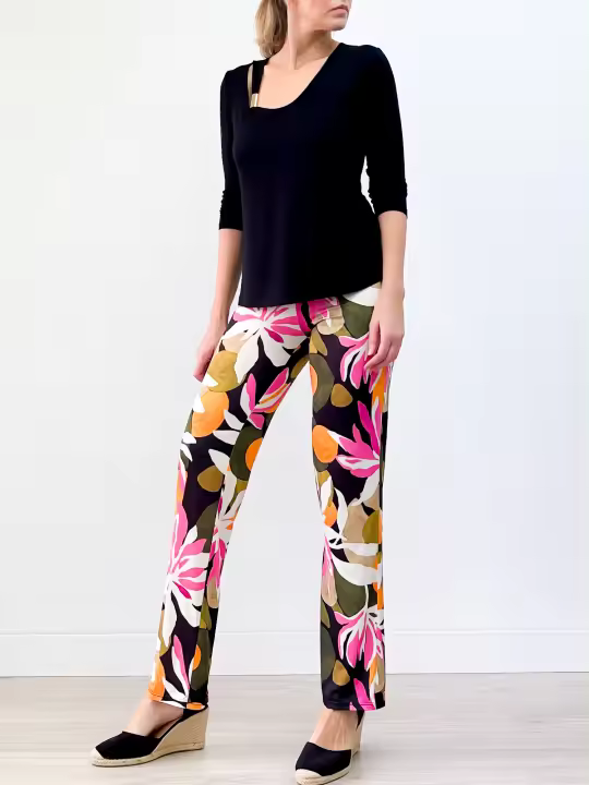 Precioso pantalón VICTORIA MORENO de punto seda estampado floral con goma en cinturilla. - 1