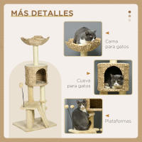 PawHut Árbol Rascador para Gatos de 116 cm Torre para Gatos Interior con Postes para Rascar Cama Cueva de Espadañas Rampa y Bolas 45x40x116 cm Beige - details 4