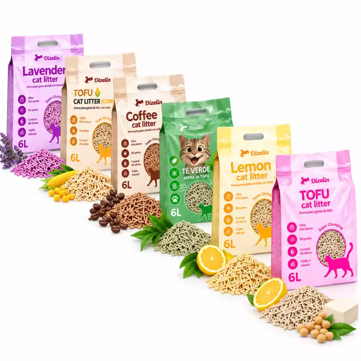 Dizelin - Arena de tofu para gatos 6 L, aglomerante natural sin polvo con control de olores, absorbente y fácil de limpiar, pack 2/4/8 bolsas, varios aromas - 1