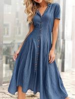 Vestido Largo De Denim Casual Para Mujer Con Abertura Lateral Y Mangas Cortas Color Sólido Vestido Con Hombros Y Botones - details 0