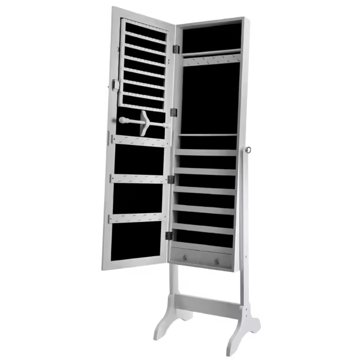 Armario Joyero con Espejo, Organizador de Pie, sin Marco de Cuerpo Entero, Luces LED, Maquillaje Incorporado, Cajones, Cerradura, Joyería de Pie con Inclinación Ajustable y Espejo, Caja de Joyería Blanco Nube (D7 6599) - 1