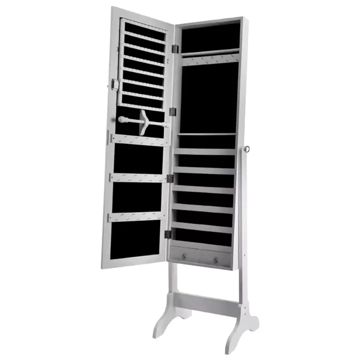 Armario Joyero con Espejo, Organizador de Pie, sin Marco de Cuerpo Entero, Luces LED, Maquillaje Incorporado, Cajones, Cerradura, Joyería de Pie con Inclinación Ajustable y Espejo, Caja de Joyería Blanco Nube (D7 6599) - 1