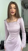 Vestido Elegante De Seda Mercerizada Violeta Para Mujer Con Manga Larga Y Cuello Cuadrado Con Dobladillos Y Cierre De Encaje Vestido Formal De Pierna Larga Para Mujer - details 4