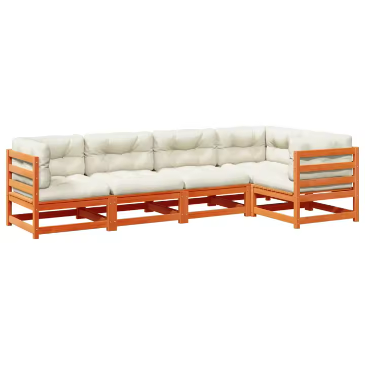 vidaXL Set de sofás jardín 5 pzas con cojines madera pino marrón cera - 1