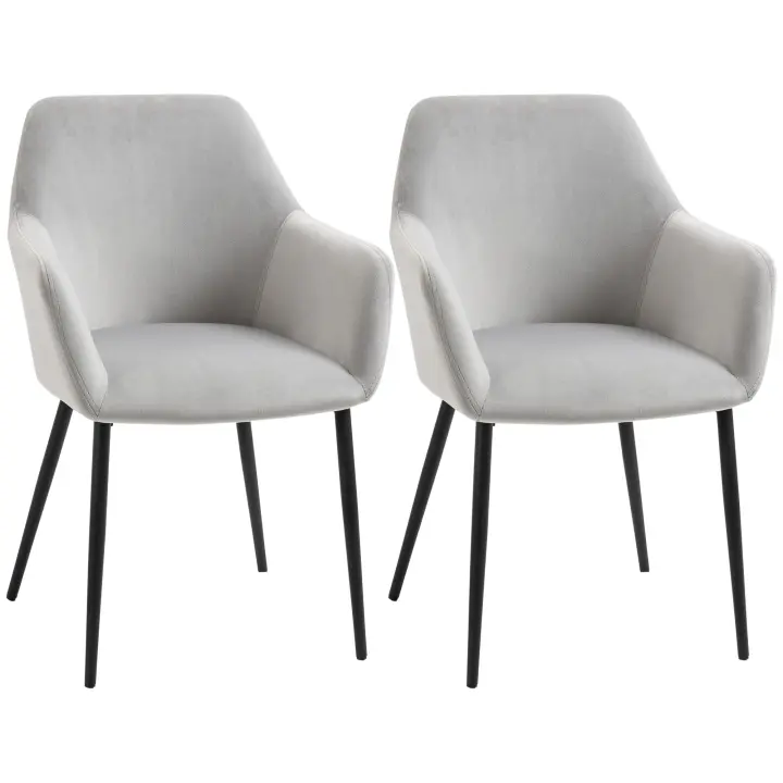 HOMCOM Juego de 2 sillas de comedor Silla de cocina con respaldo, aspecto de terciopelo, silla tapizada con patas de acero para salón, gris claro 54 x 57 x 80 cm - 1