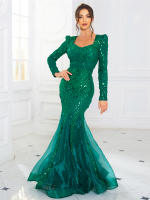Vestido De Noche Maxi Con Encaje Y Lentejuelas Fishtail Elegante De Organza Patchwork Con Manga Larga V-Neck Verde Azul Formal Para Mujer - details 7