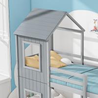 90*200cm Litera, Cama Infantil, Cama en dormitorio Masculino y Femenino, Con Escalera y Techo, de pie a Tierra, Madera masiva, Gris - details 1