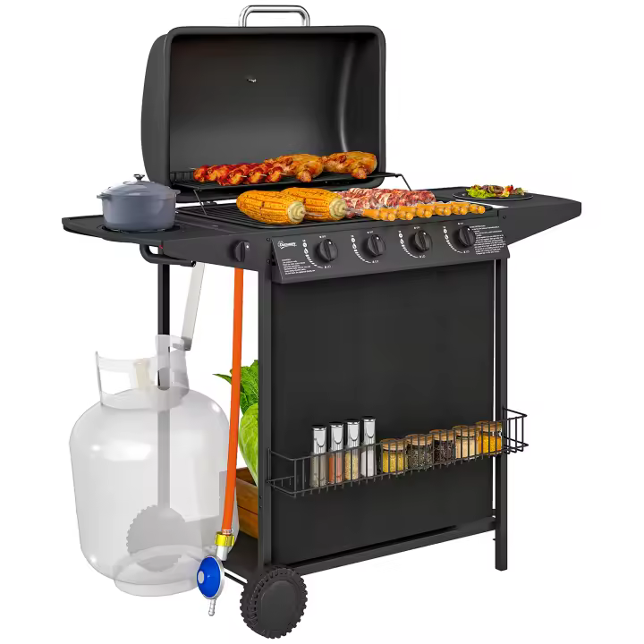Outsunny Barbacoa de Gas BBQ Gas con 4+1 Quemadores 12 kW Barbacoa Portátil con Termómetro Mesa Lateral Estante Especiero Parrilla Recogedor de Grasa 2 Ruedas para Jardín Exterior Camping Negro - 1