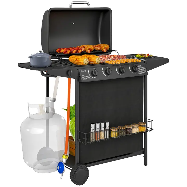 Outsunny Barbacoa de Gas BBQ Gas con 4+1 Quemadores 12 kW Barbacoa Portátil con Termómetro Mesa Lateral Estante Especiero Parrilla Recogedor de Grasa 2 Ruedas para Jardín Exterior Camping Negro - 1