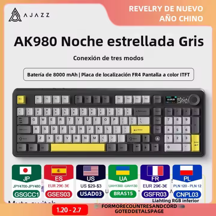 Teclado Mecánico AJAZZ AK980 Con Triple Modo 98 Teclas Iluminación Multicolor Y Sonido Teclado De Juego Cuerpo Columna USB Bluetooth Para Escritorio - 1