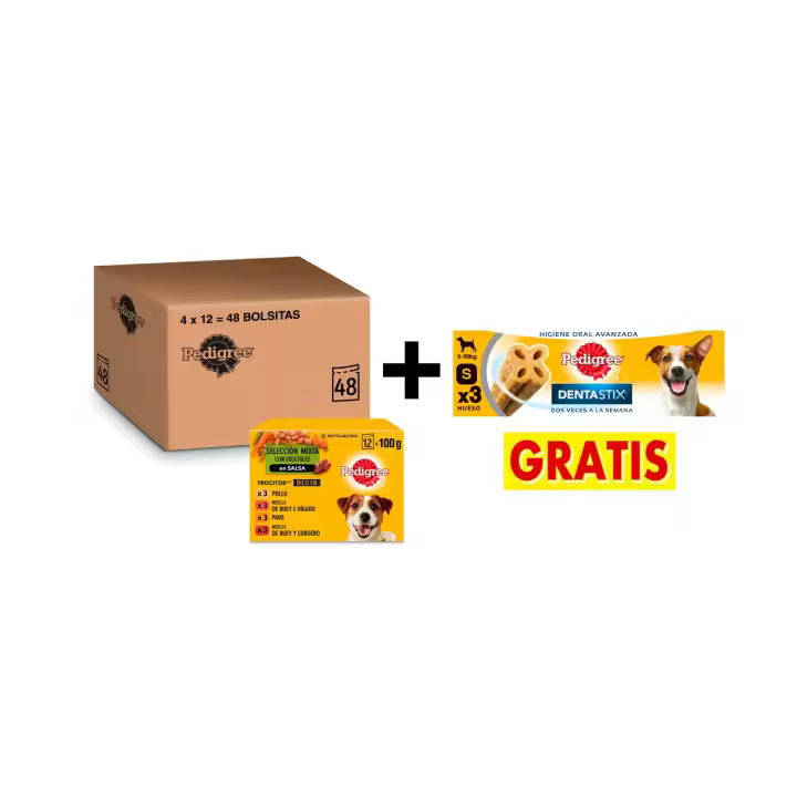 Pedigree Comida húmeda para perros sabores mixtos en salsa, paquete múltiple (4 paquete x 12 bolsas x 100 g) + Dentastix Perros Pequeños de Regalo - 1