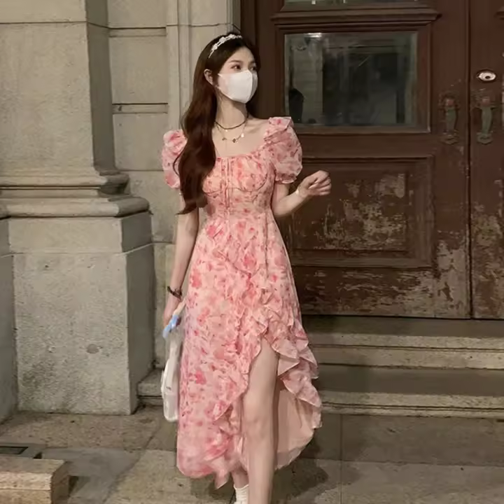Vestido Midi De Playa Elegante Francés Con Manga Corta Y Estampado Floral Vestido De Un Pie Para Mujer Estilo Fairycore - 1