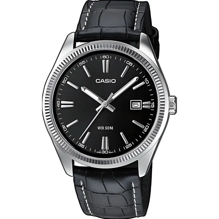 reloj clásico hombre Casio MTP-1302PL-1A Pantalla Neón dial negro correa cuero - 1