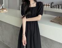 Vestido Midi Oscuro Vintage HOUZHOU Para Mujer Elegante Con Cuello Cuadrado Manga Flotante Sobredimensionado Casual De Verano - details 0