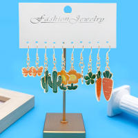 5 Pares De Pendientes Colgantes De Aleación De Zinc Con Diseño De Zanahoria Flor Y Cactus Para Niñas Joyas Moda Y Encanto - details 1