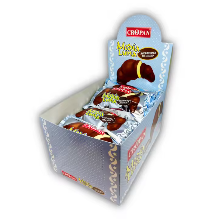 🥐 Medias Lunas Cropan Bañadas en Chocolate – Caja 12 uds.  El sabor de tu infancia en cada bocado: suaves medias lunas de bollería, esponjosas y recubiertas con delicioso chocolate. Caja con 12 unidades. ¡Pura nostalgia para el paladar! - 1