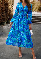 Vestido Bohemio Casual De Maxi Para Mujer Con Estampado V-Neck Manga Larga Cintura Alta 4 Colores Poliéster Para Playa Y Vacaciones - details 11