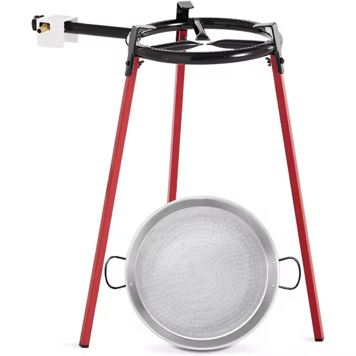 Set Paellero de Gas | 3 Patas Reforzadas de 85 cm de alto + Paellera Pulida Color Plata + Quemador Redondo | Apto para Exterior | Color Negro y Rojo | Soporta hasta 60 Kg (38 cm) - 1