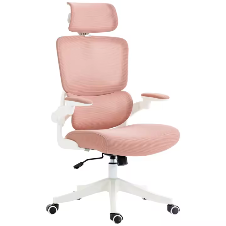 Vinsetto Silla de Oficina de Malla Giratoria Silla de Escritorio Basculante con Respaldo Alto Reposacabezas Reposabrazos y Soporte Lumbar 62x58x120-133 cm Rosa - 1