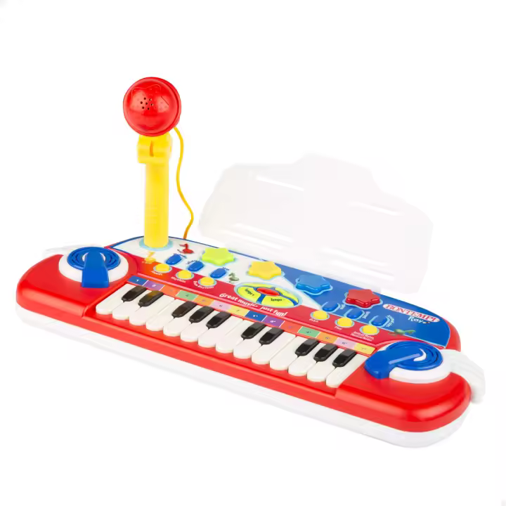 Bontempi - Piano teclado electrónico infantil, 24 teclas, con micrófono y atril, 8 ritmos, 30 canciones, con efectos luminosos y función de aprendizaje OKON, juguete educativo para niños, instrumentos musicales, juguetes educativos, 38x16 cm - 1